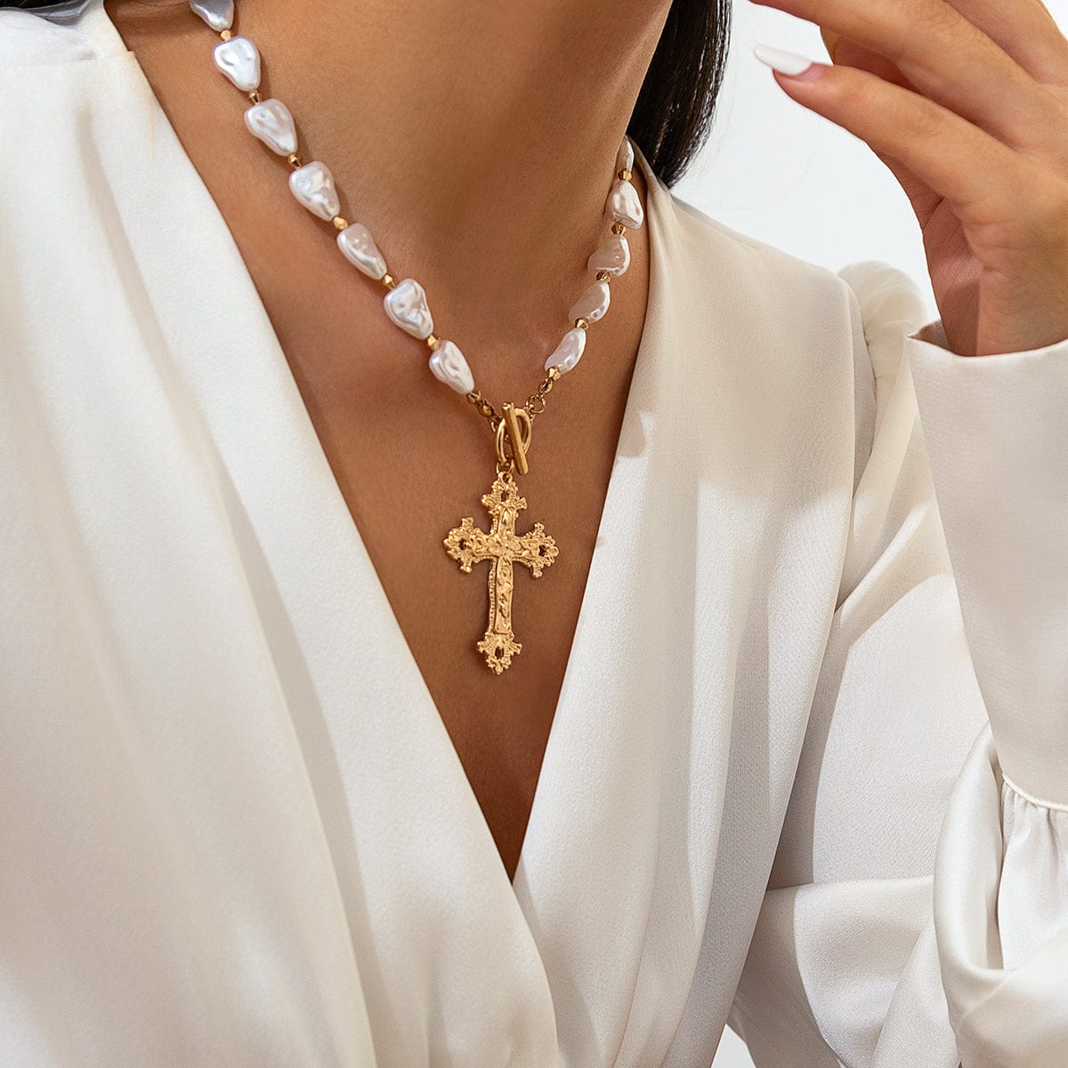 Baroque Toggle Clasp Cross Pendant Irregular Pearl Chain Necklace - ArtGalleryZen