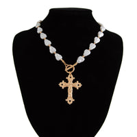 Thumbnail for Baroque Toggle Clasp Cross Pendant Irregular Pearl Chain Necklace - ArtGalleryZen