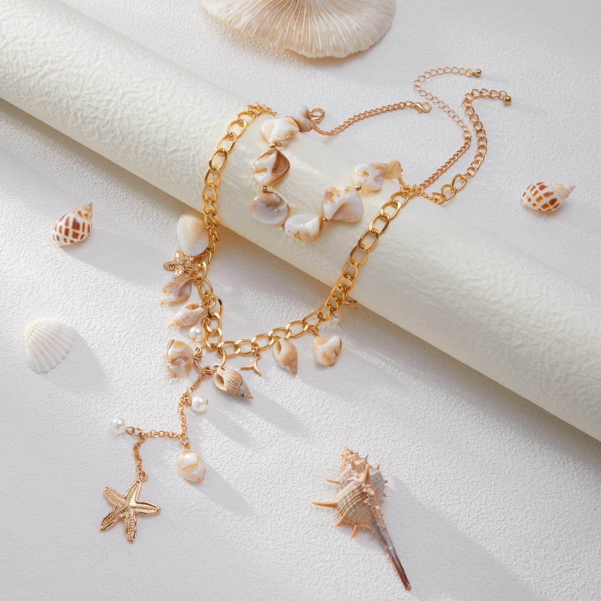 Beach Style 2pcs Conch Shell Starfish Pearl Tassel Y Necklace Set - ArtGalleryZen