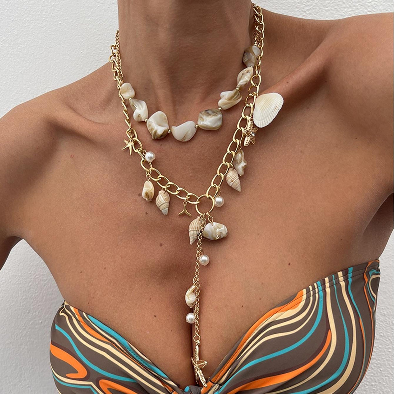 Beach Style 2pcs Conch Shell Starfish Pearl Tassel Y Necklace Set - ArtGalleryZen