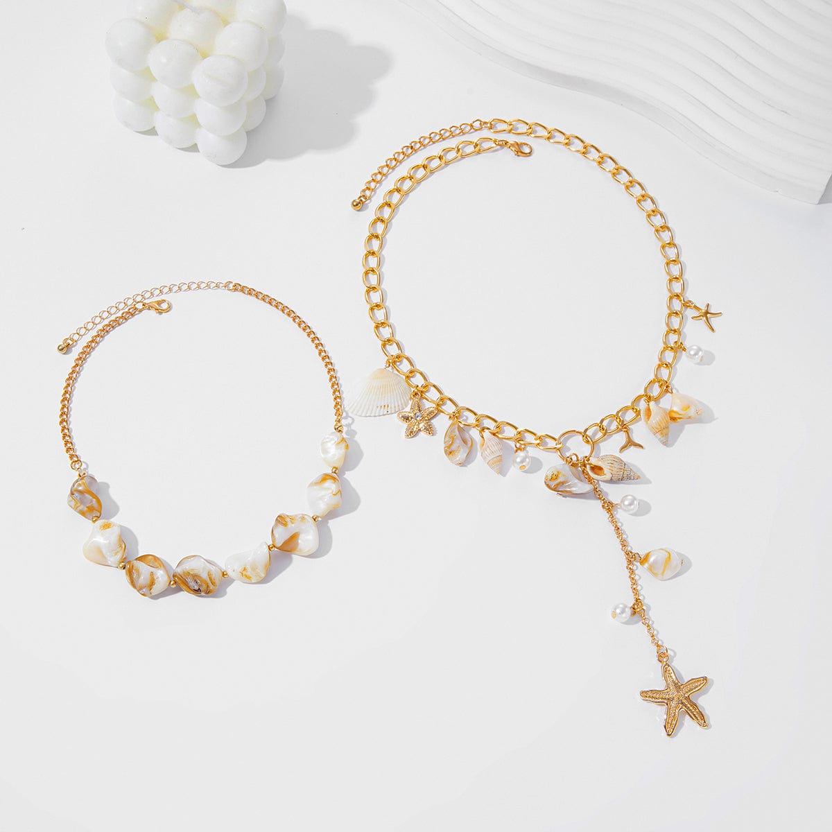 Beach Style 2pcs Conch Shell Starfish Pearl Tassel Y Necklace Set - ArtGalleryZen