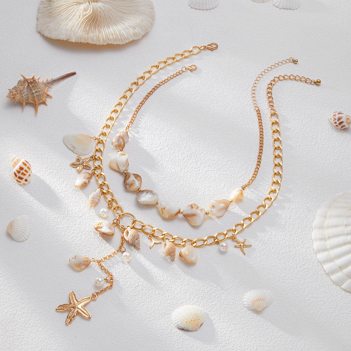 Beach Style 2pcs Conch Shell Starfish Pearl Tassel Y Necklace Set - ArtGalleryZen