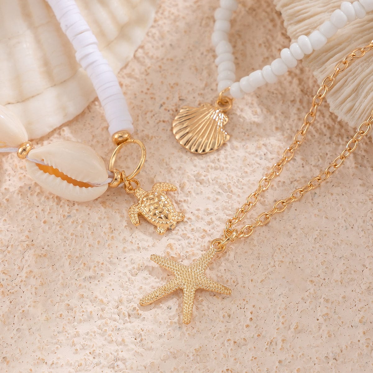 Beach Style 3Pcs Conch Starfish Turtle Charm Seed Bead Anklet Set - ArtGalleryZen