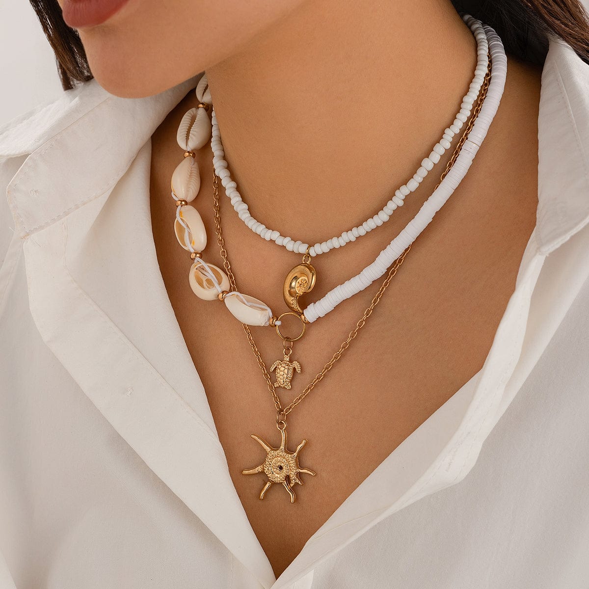 Beach Style 3Pcs Conch Starfish Turtle Pendant Seed Bead Necklace Set - ArtGalleryZen