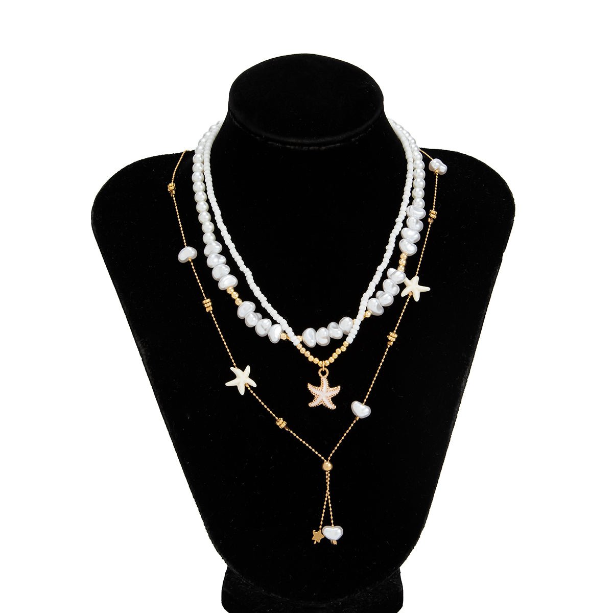 Beach Style 3pcs Enamel Starfish Charm Pearl Seed Beaded Chain Necklace Set - ArtGalleryZen