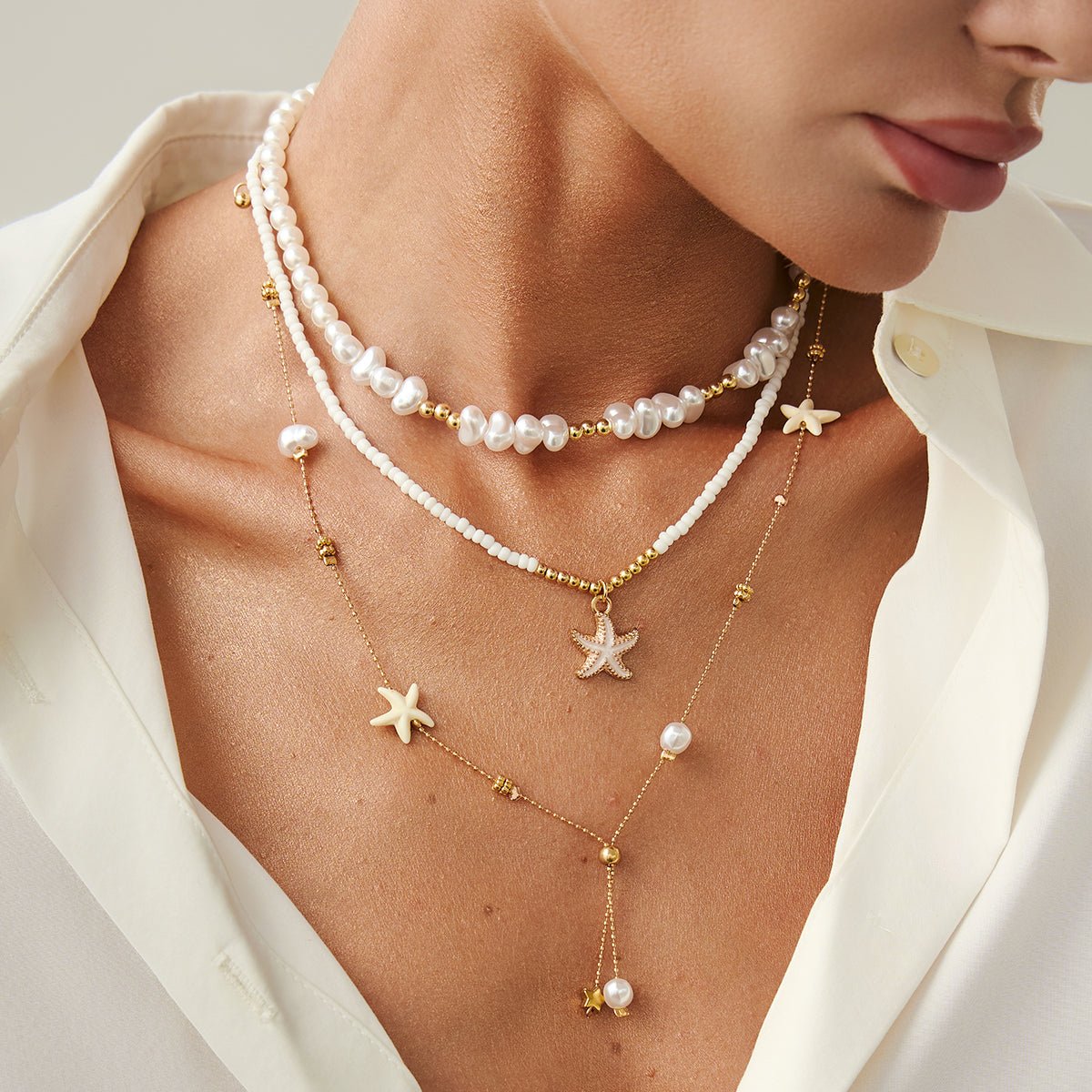 Beach Style 3pcs Enamel Starfish Charm Pearl Seed Beaded Chain Necklace Set - ArtGalleryZen