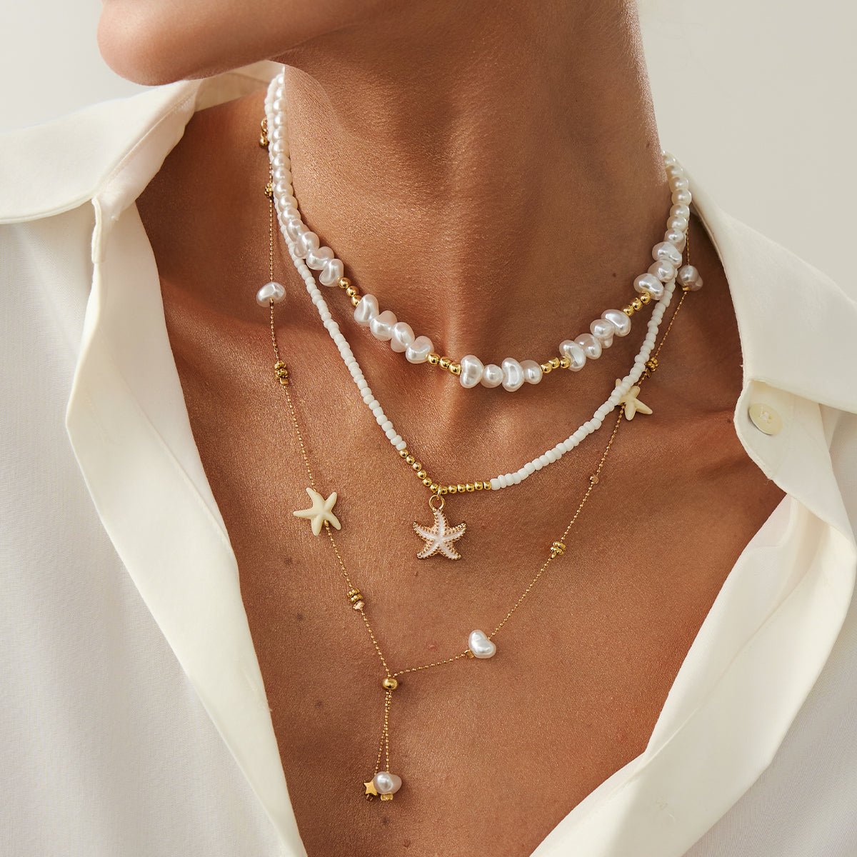 Beach Style 3pcs Enamel Starfish Charm Pearl Seed Beaded Chain Necklace Set - ArtGalleryZen
