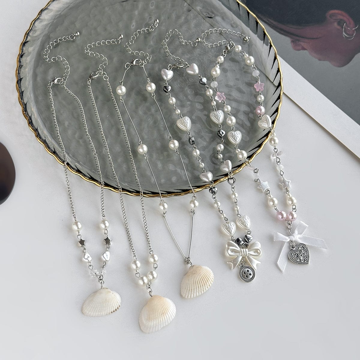 Beach Style 5pcs Natural Shell Bowknot Heart Pendant Pearl Chain Necklace Set - ArtGalleryZen