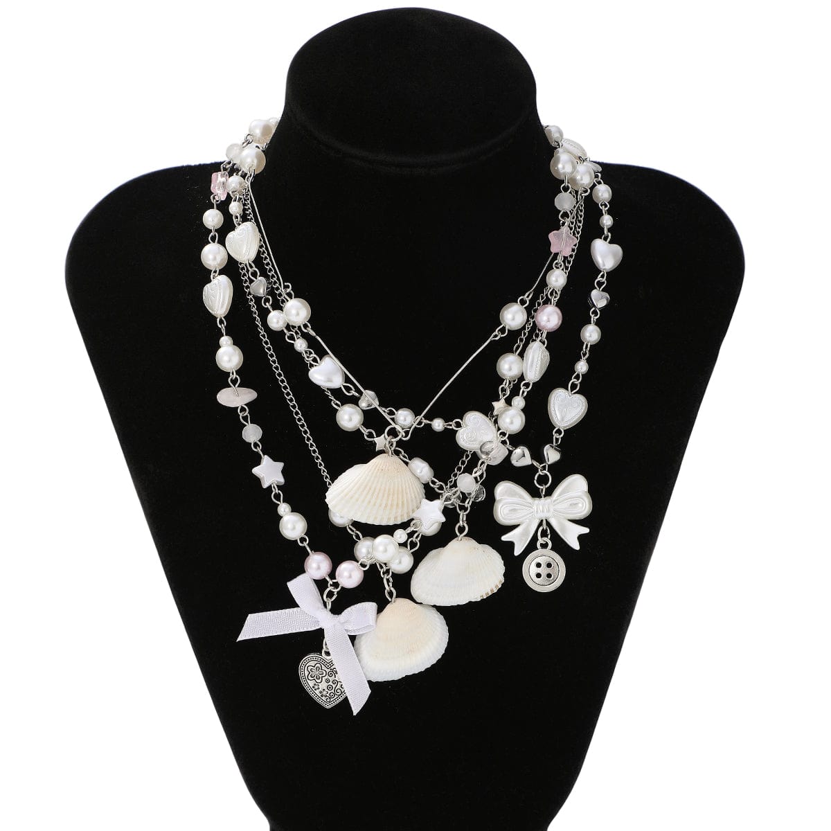 Beach Style 5pcs Natural Shell Bowknot Heart Pendant Pearl Chain Necklace Set - ArtGalleryZen