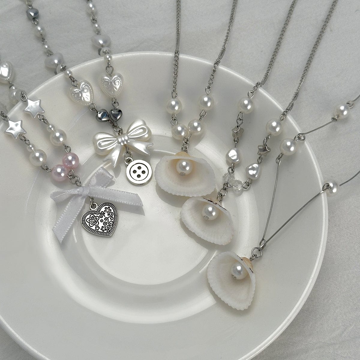 Beach Style 5pcs Natural Shell Bowknot Heart Pendant Pearl Chain Necklace Set - ArtGalleryZen