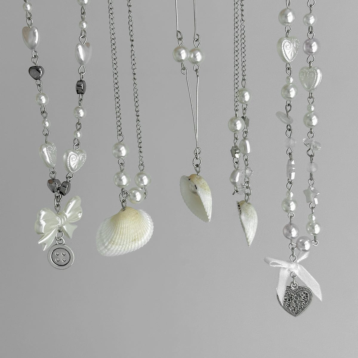 Beach Style 5pcs Natural Shell Bowknot Heart Pendant Pearl Chain Necklace Set - ArtGalleryZen