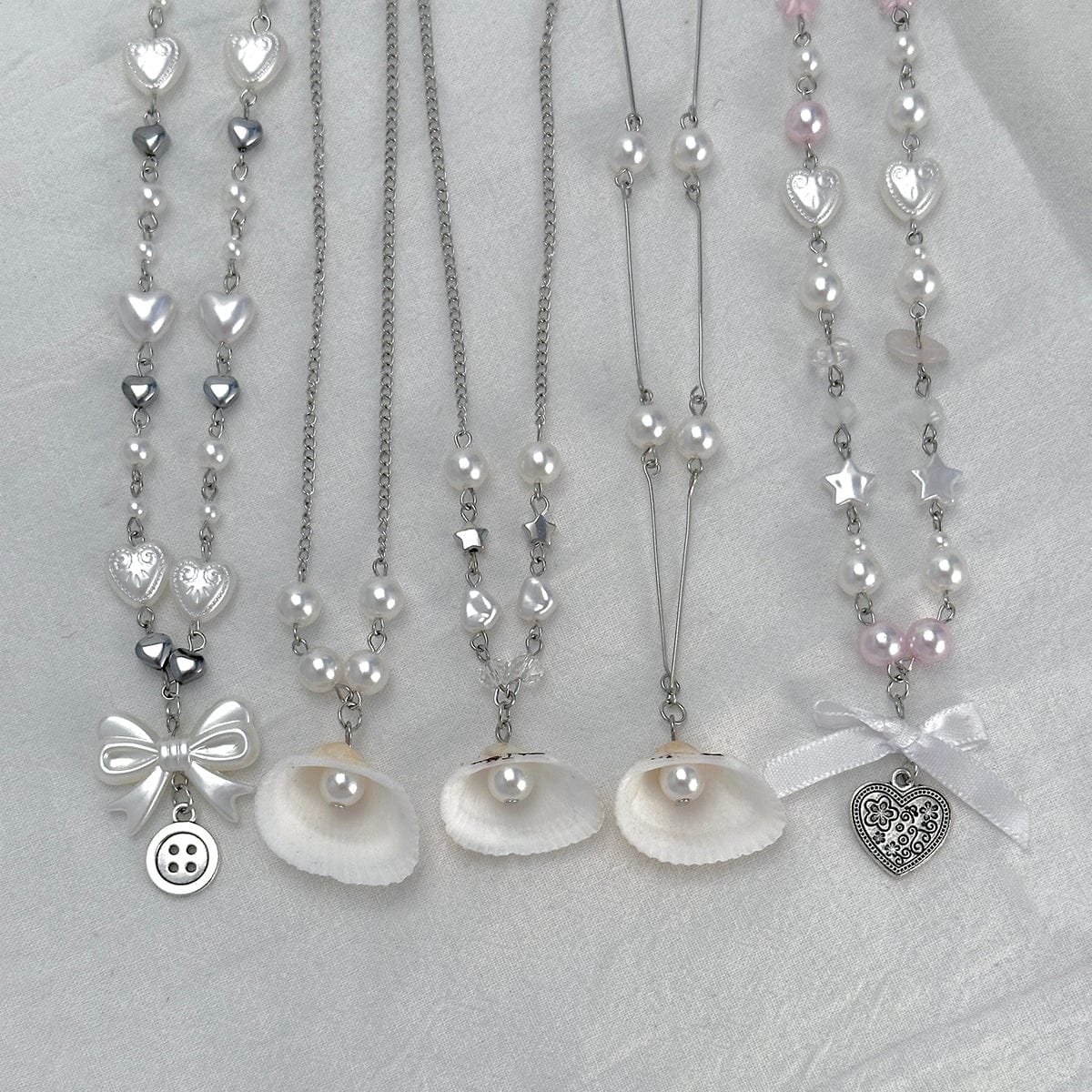 Beach Style 5pcs Natural Shell Bowknot Heart Pendant Pearl Chain Necklace Set - ArtGalleryZen