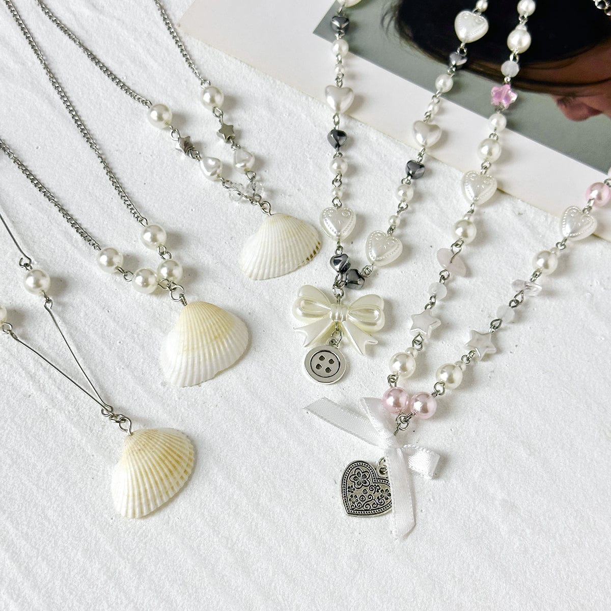 Beach Style 5pcs Natural Shell Bowknot Heart Pendant Pearl Chain Necklace Set - ArtGalleryZen
