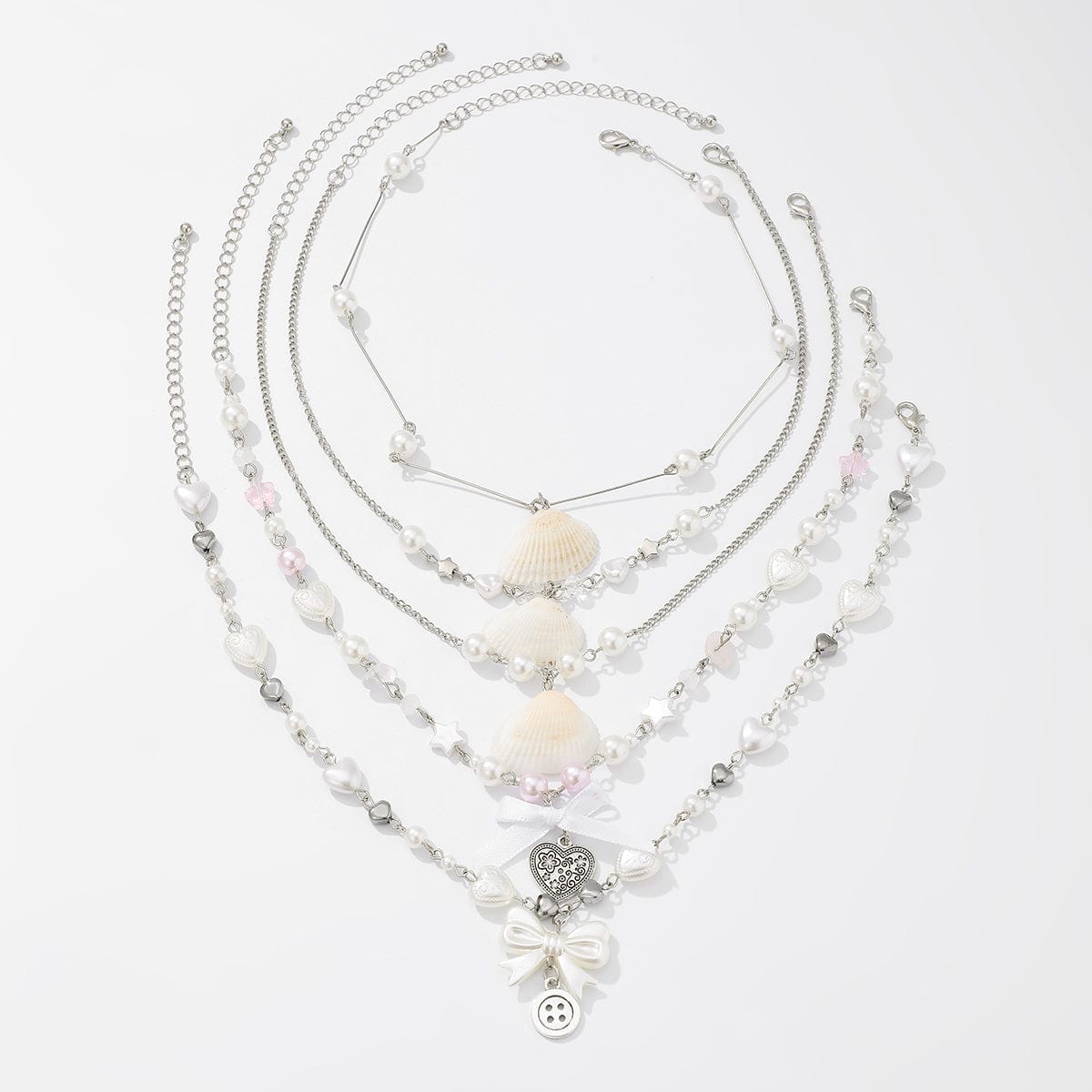 Beach Style 5pcs Natural Shell Bowknot Heart Pendant Pearl Chain Necklace Set - ArtGalleryZen