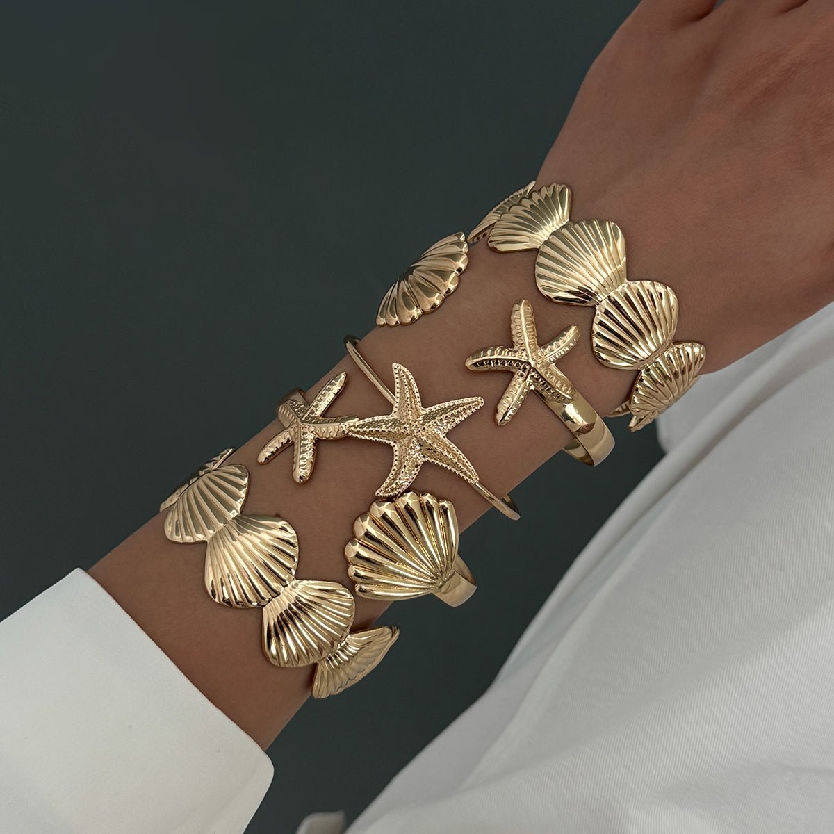 Beach Style 5pcs Shell Starfish Bangle Bracelet Set - ArtGalleryZen