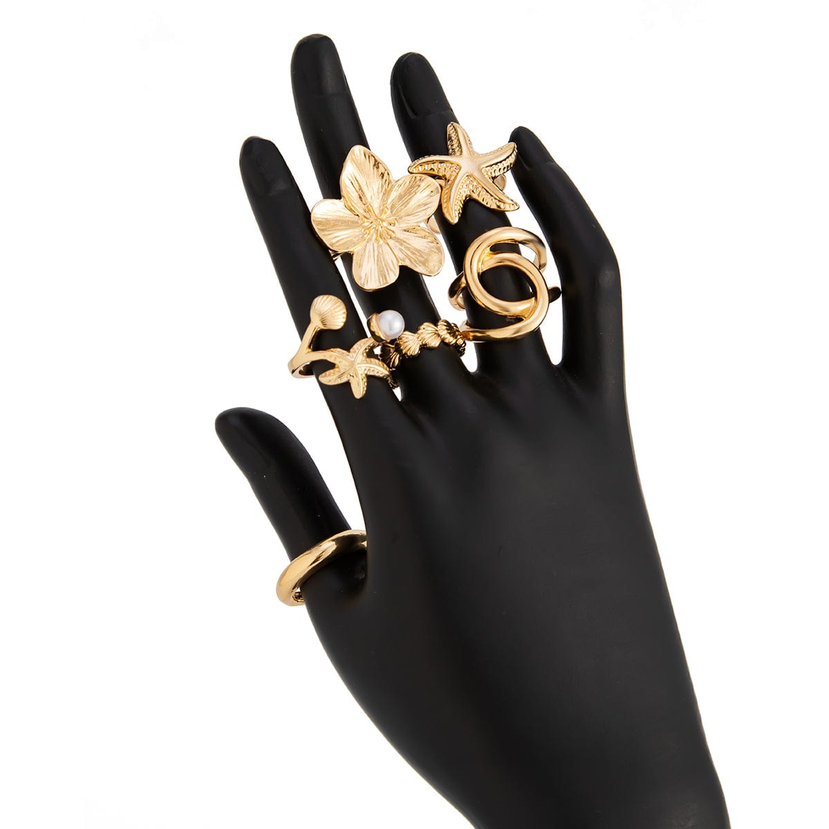 Beach Style 6pcs Flower Starfish Shell Pearl Ring Set - ArtGalleryZen