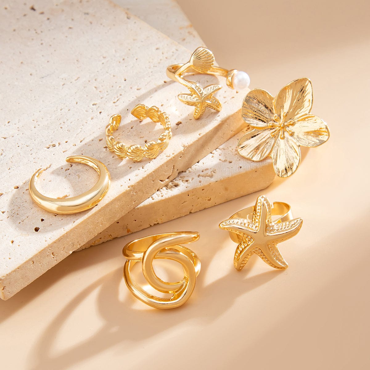 Beach Style 6pcs Flower Starfish Shell Pearl Ring Set - ArtGalleryZen