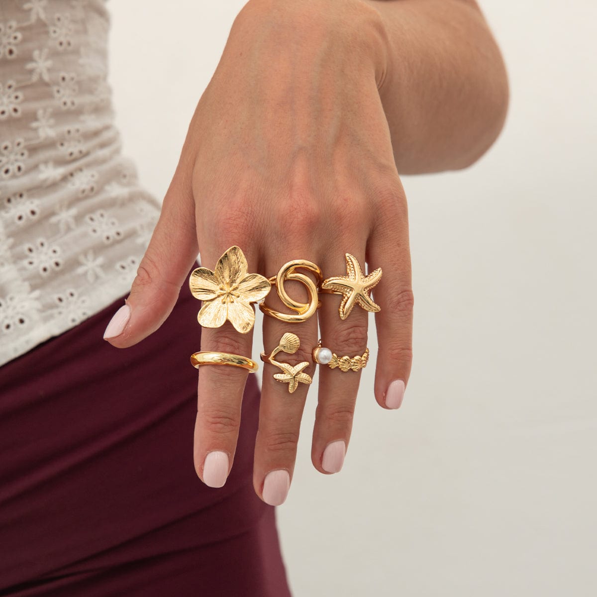 Beach Style 6pcs Flower Starfish Shell Pearl Ring Set - ArtGalleryZen