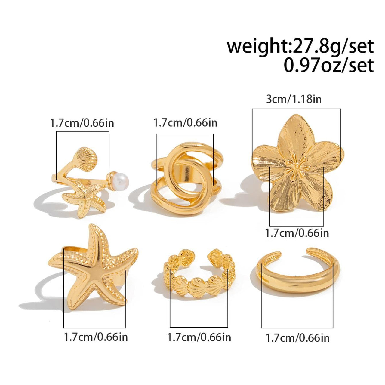 Beach Style 6pcs Flower Starfish Shell Pearl Ring Set - ArtGalleryZen