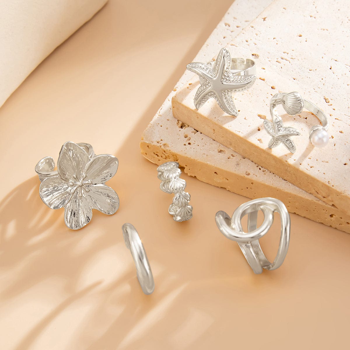 Beach Style 6pcs Flower Starfish Shell Pearl Ring Set - ArtGalleryZen