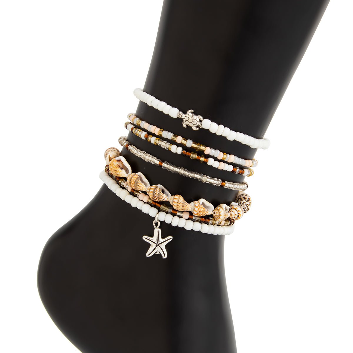 Beach Style 7pcs Starfish Charm Conch Seed Beaded Anklet Set - ArtGalleryZen