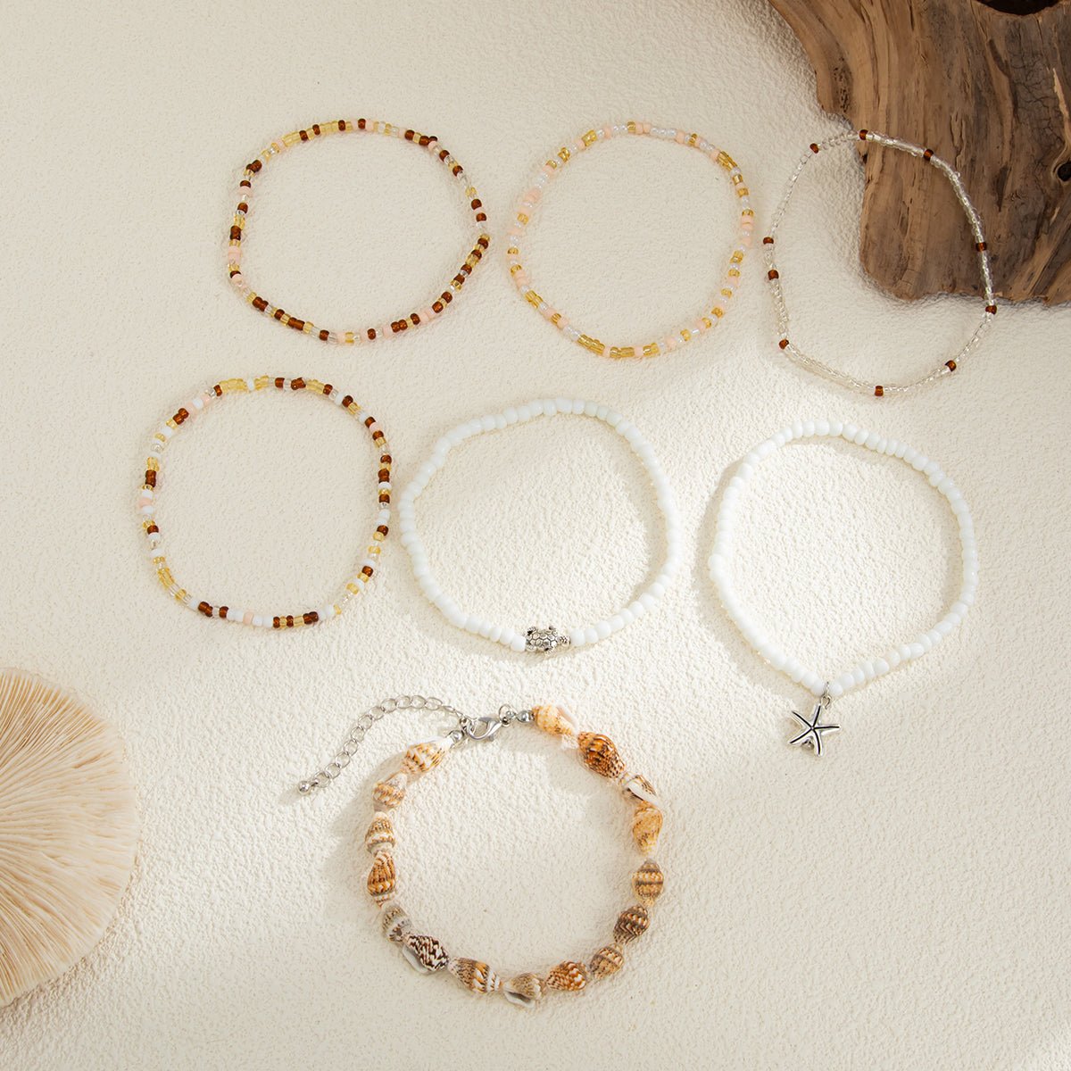 Beach Style 7pcs Starfish Charm Conch Seed Beaded Anklet Set - ArtGalleryZen
