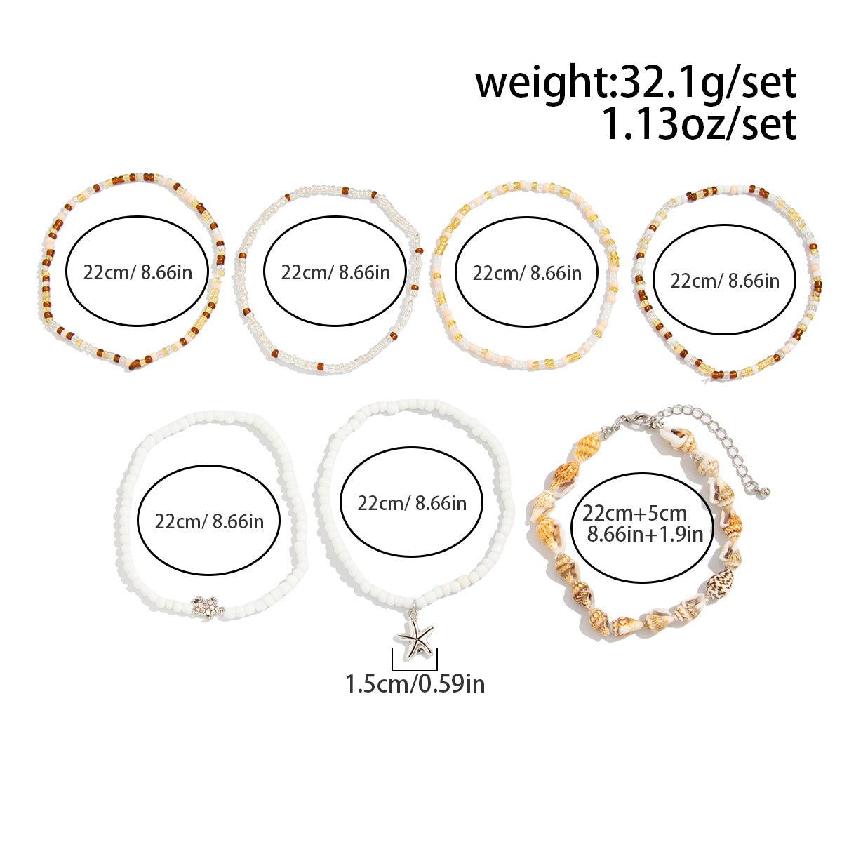 Beach Style 7pcs Starfish Charm Conch Seed Beaded Anklet Set - ArtGalleryZen