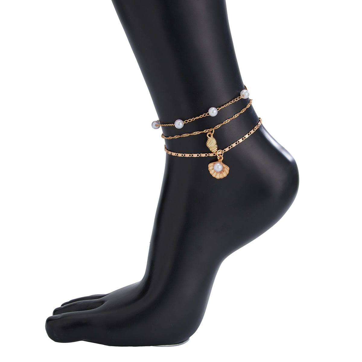 Beach Style Layered Conch Shell Charm Pearl Chain Anklet - ArtGalleryZen