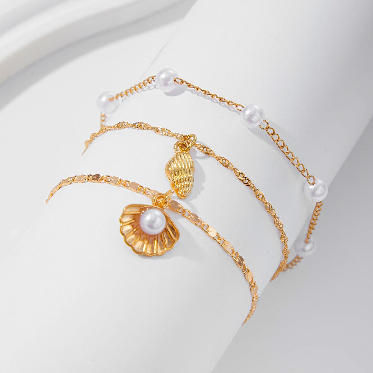 Beach Style Layered Conch Shell Charm Pearl Chain Anklet - ArtGalleryZen
