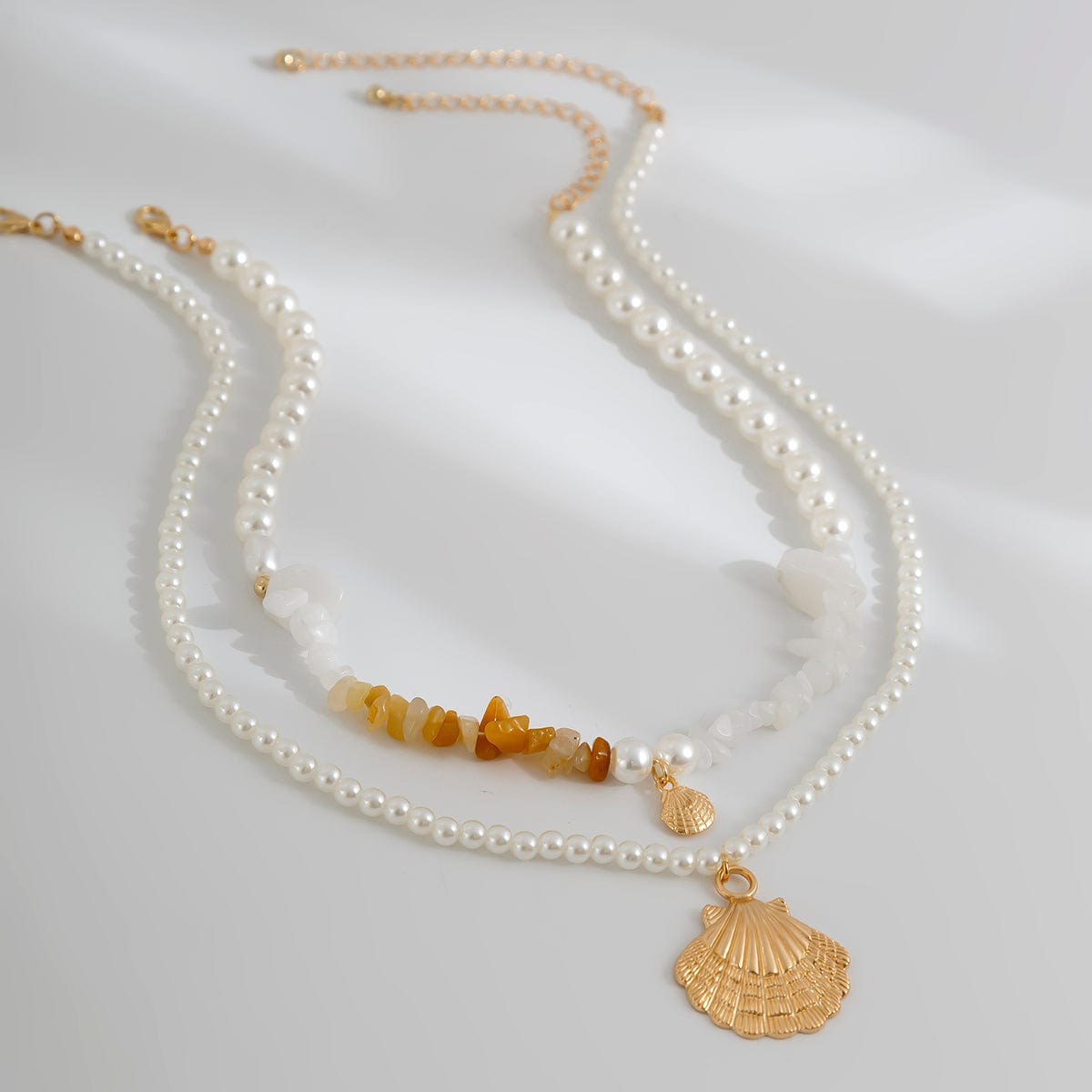 Beach Style Layered Shell Pendant Turquoise Stone Pearl Chain Necklace Set - ArtGalleryZen