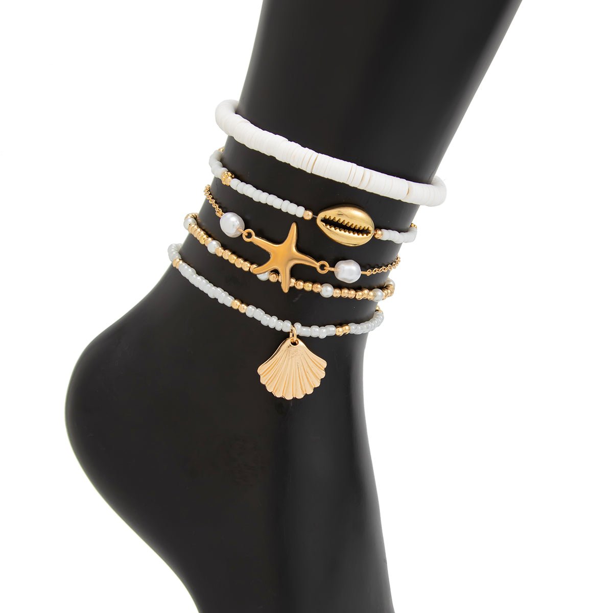 Beach Style Layered Shell Starfish Charm Seed Bead Anklet Set - ArtGalleryZen