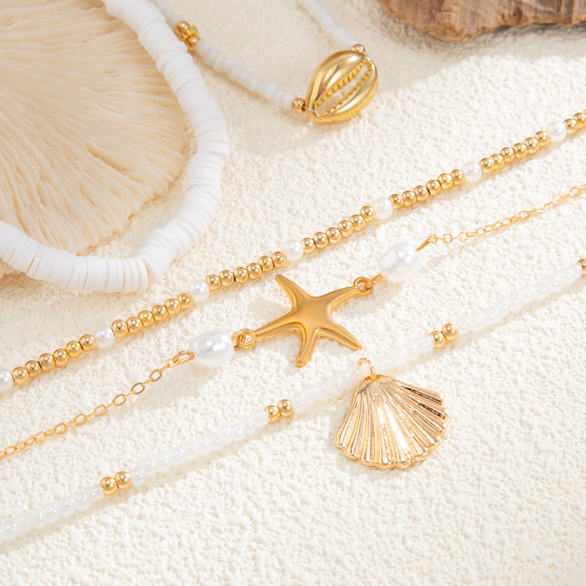 Beach Style Layered Shell Starfish Charm Seed Bead Anklet Set - ArtGalleryZen