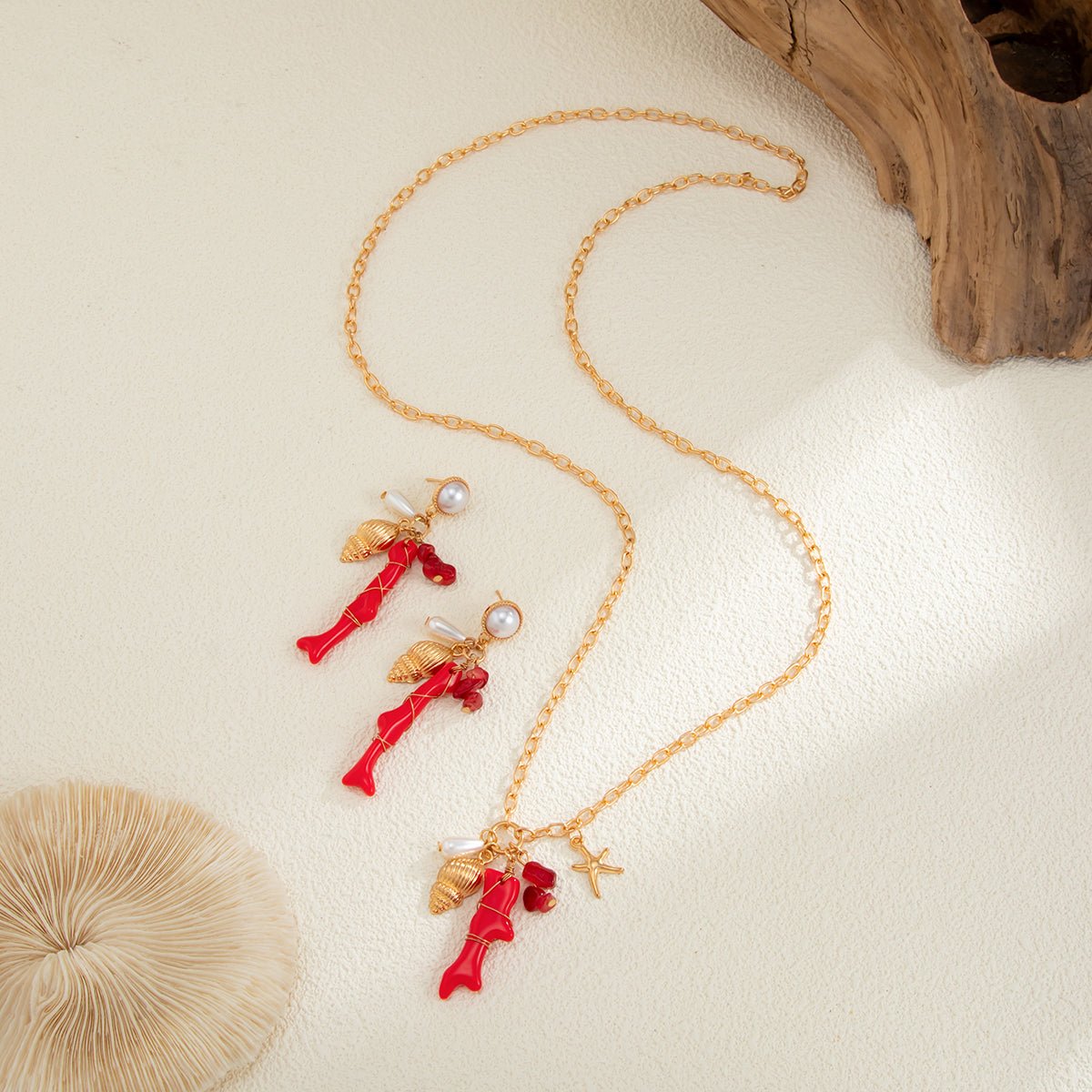 Beach Style Red Coral Conch Pendant Necklace Earrings Set - ArtGalleryZen