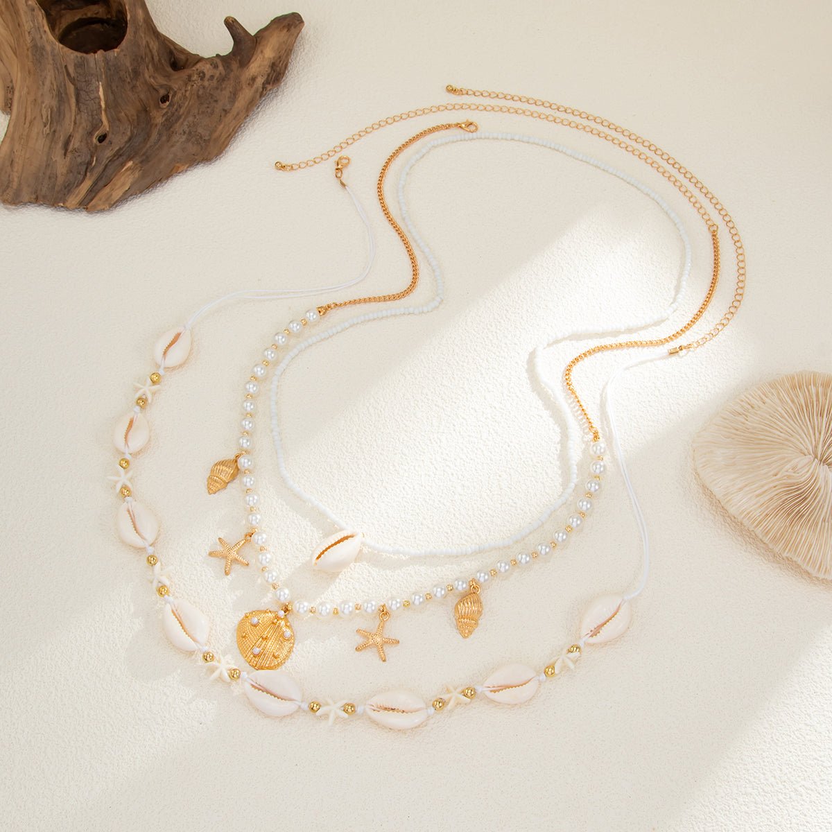 Bohemia 2pcs Conch Shell Starfish Charm Pearl Seed Beaded Waist Chain Set - ArtGalleryZen