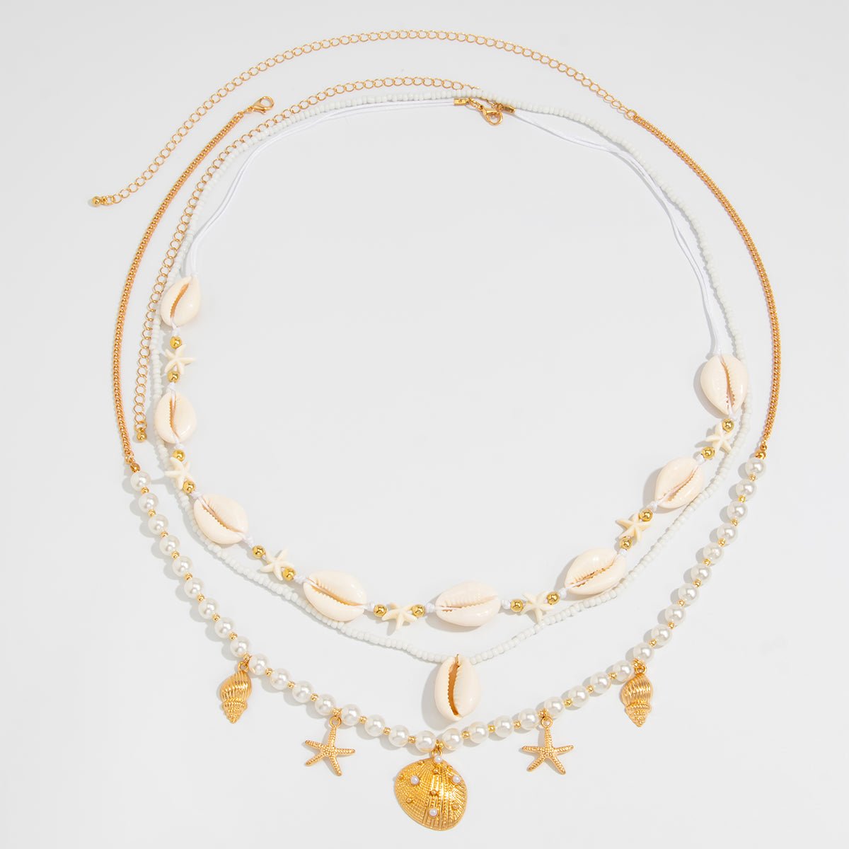 Bohemia 2pcs Conch Shell Starfish Charm Pearl Seed Beaded Waist Chain Set - ArtGalleryZen