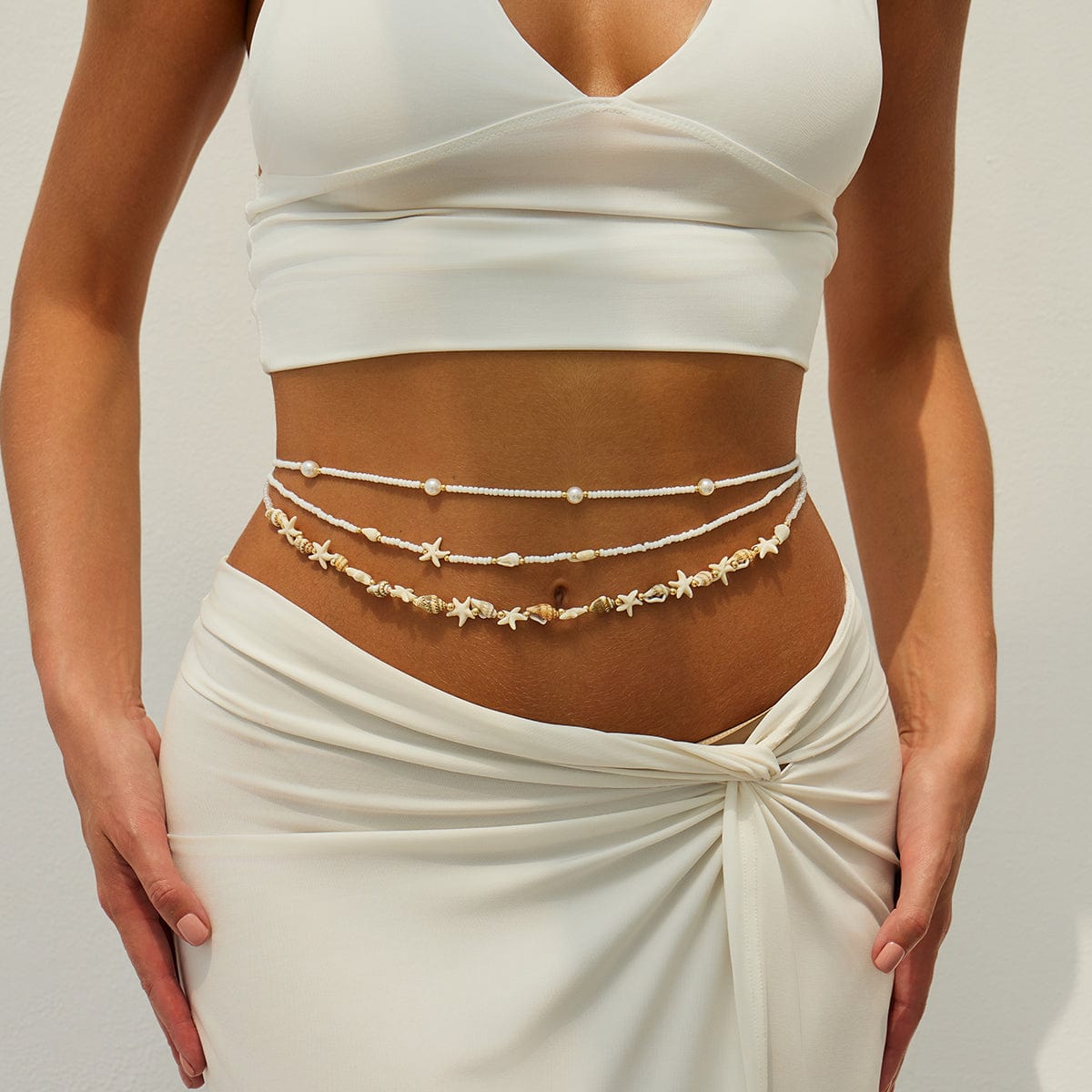 Bohemia 3pcs Pearl Conch Starfish Seed Beaded Waist Chain Set - ArtGalleryZen