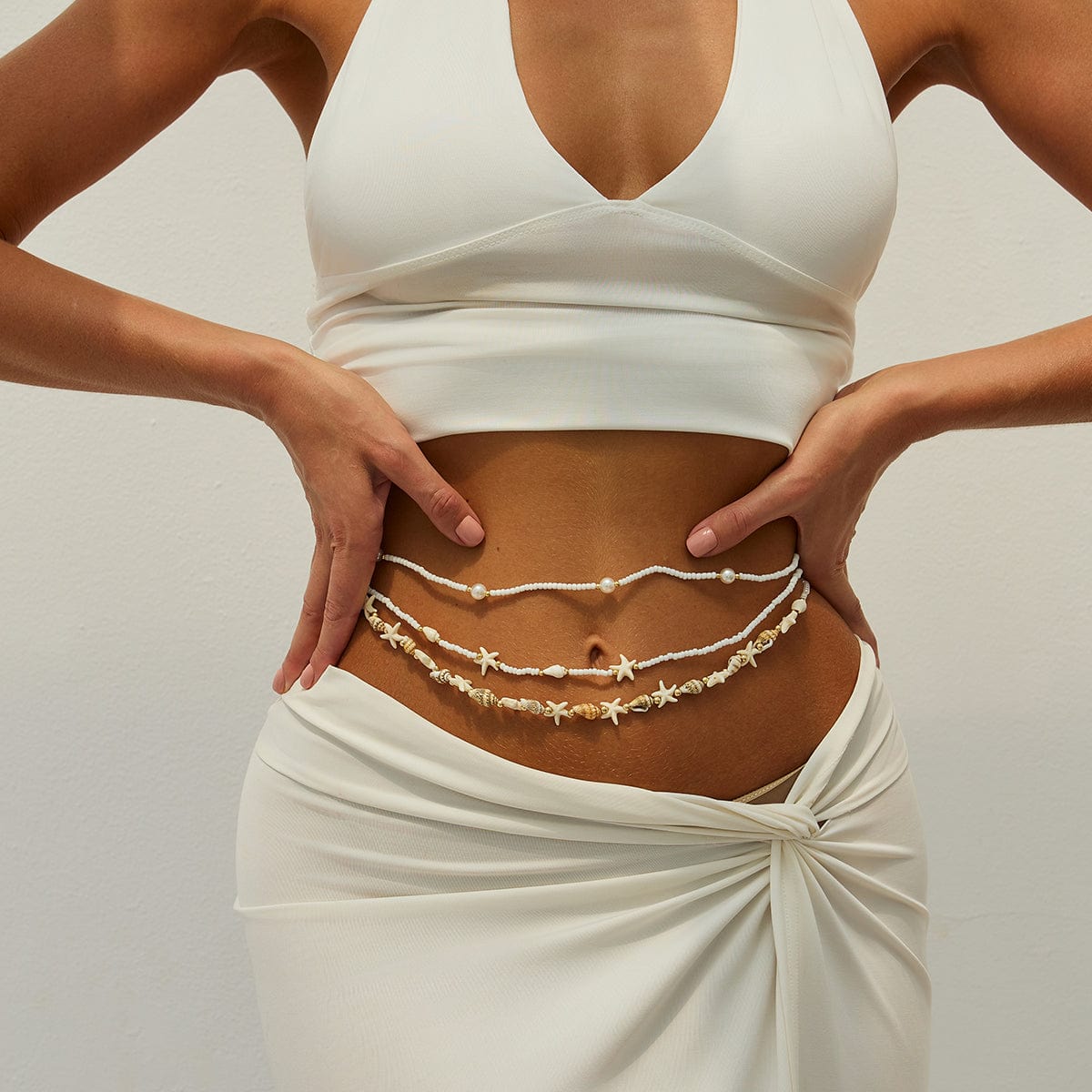 Bohemia 3pcs Pearl Conch Starfish Seed Beaded Waist Chain Set - ArtGalleryZen