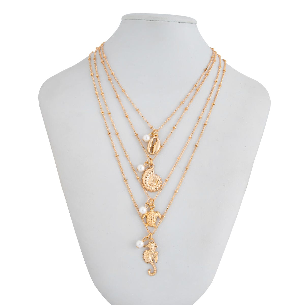 Bohemia 4pcs Conch Turtle Seahorse Pearl Tassel Saturn Chain Necklace Set - ArtGalleryZen