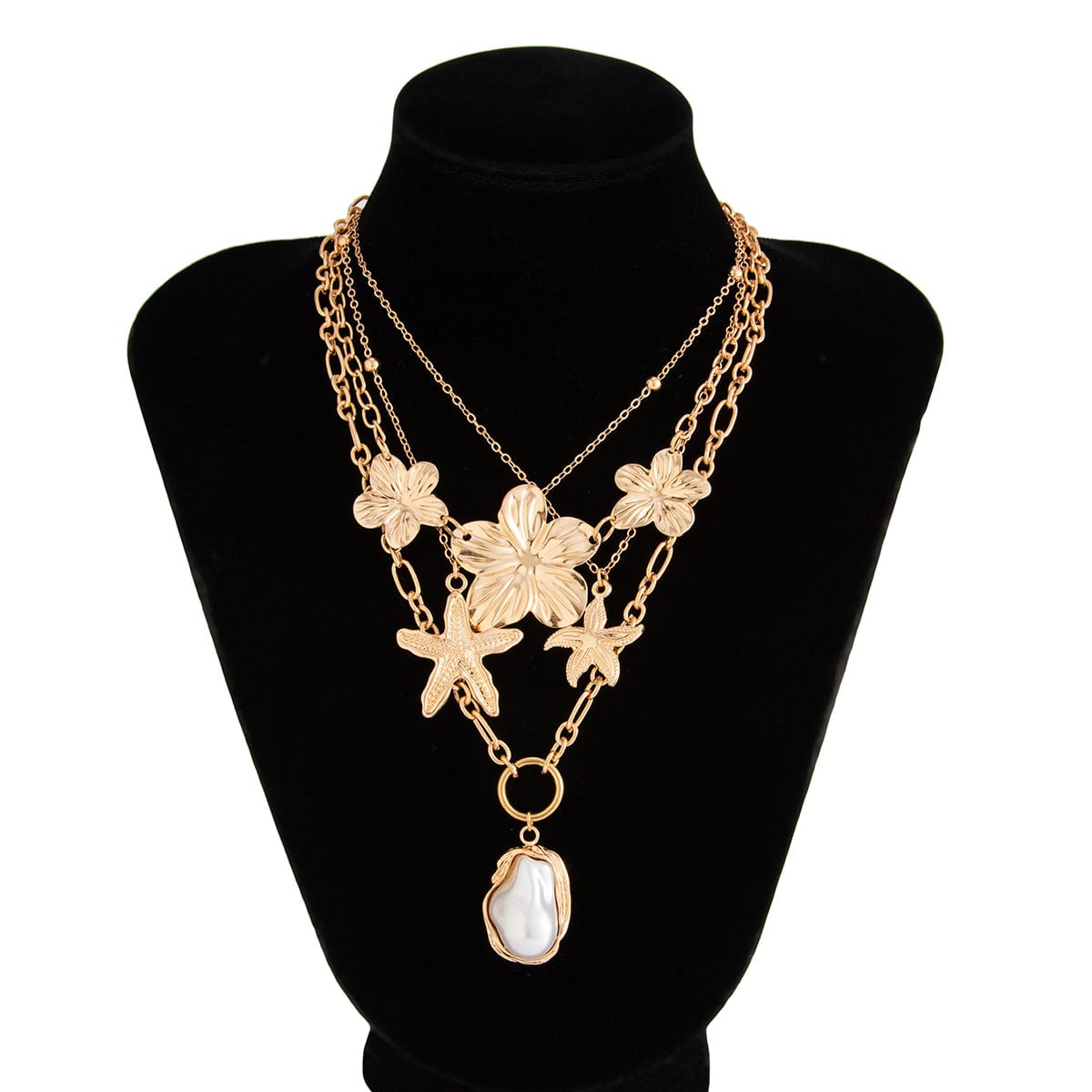 Bohemia 4pcs Irregular Pearl Flower Starfish Pendant Necklace Set - ArtGalleryZen