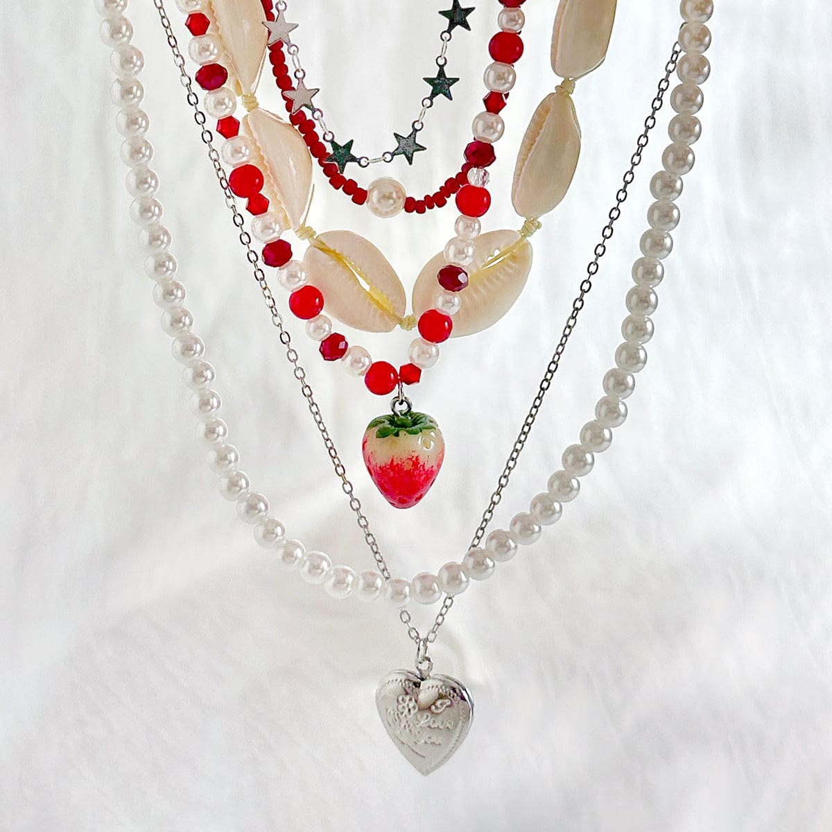 Bohemia 6pcs Strawberry Heart Pendant Pearl Conch Seed Bead Chain Necklace Set - ArtGalleryZen