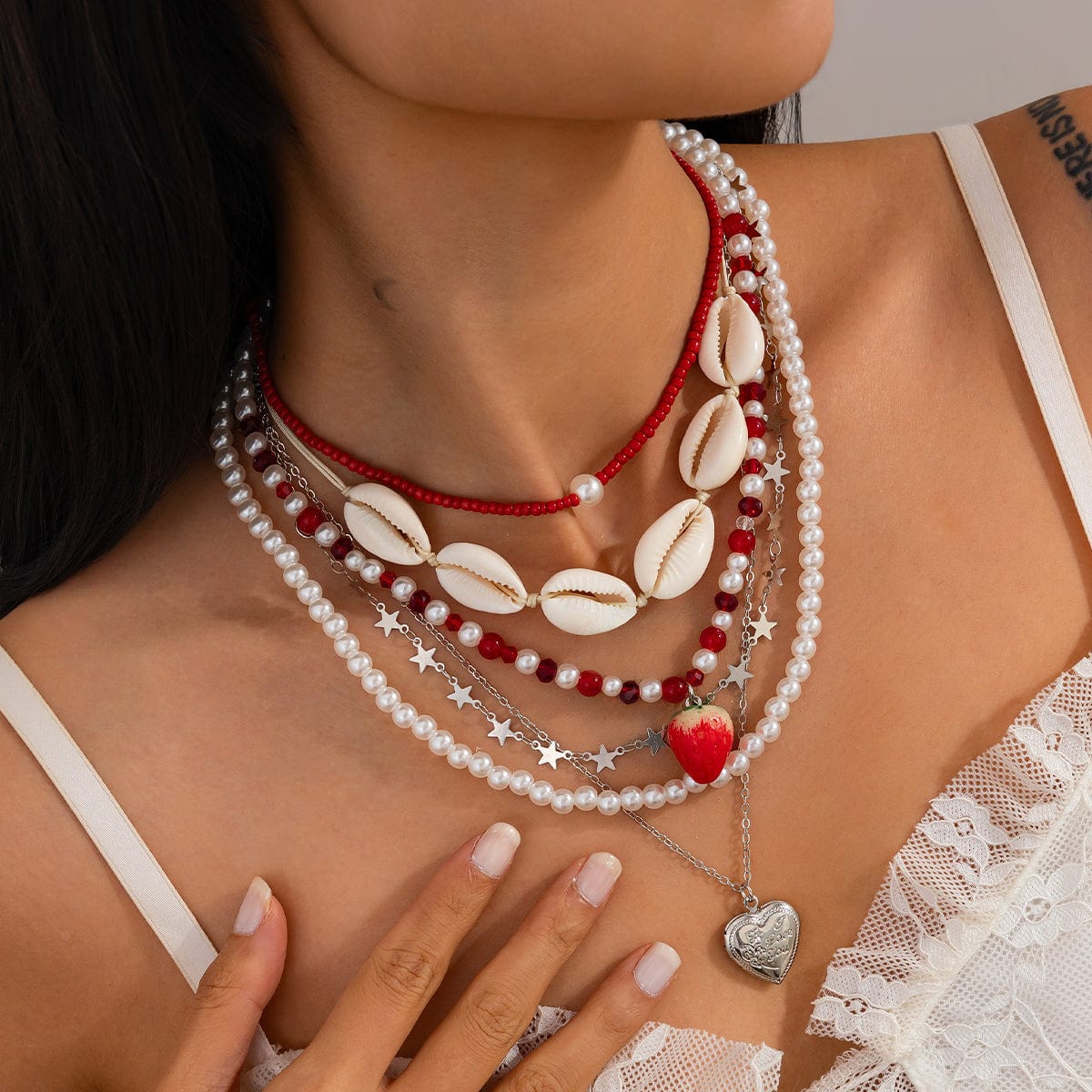 Bohemia 6pcs Strawberry Heart Pendant Pearl Conch Seed Bead Chain Necklace Set - ArtGalleryZen