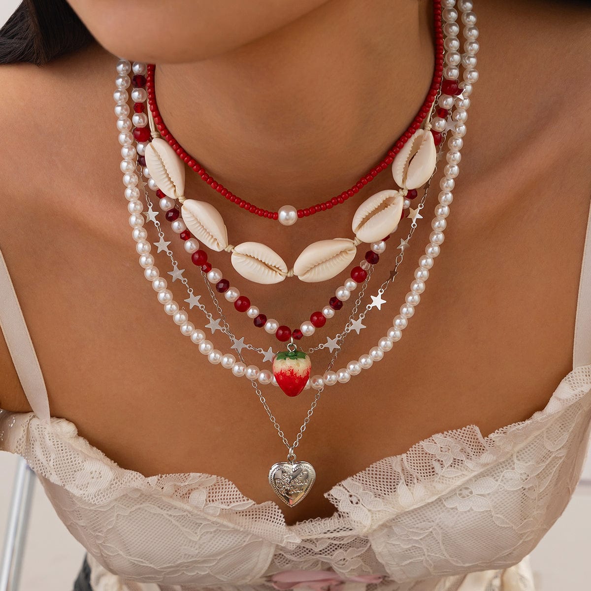 Bohemia 6pcs Strawberry Heart Pendant Pearl Conch Seed Bead Chain Necklace Set - ArtGalleryZen