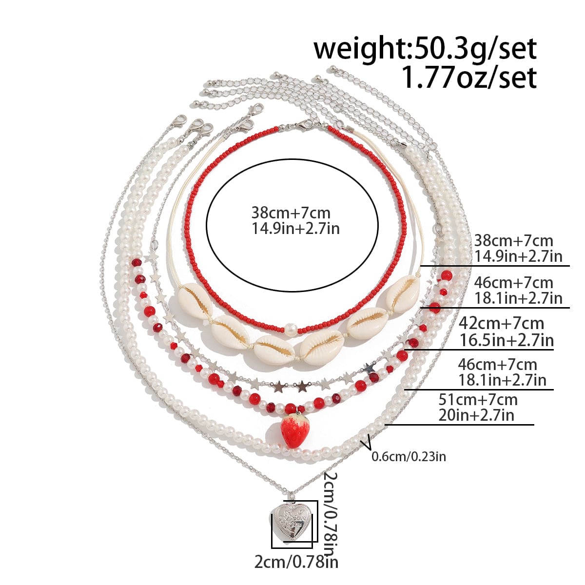 Bohemia 6pcs Strawberry Heart Pendant Pearl Conch Seed Bead Chain Necklace Set - ArtGalleryZen