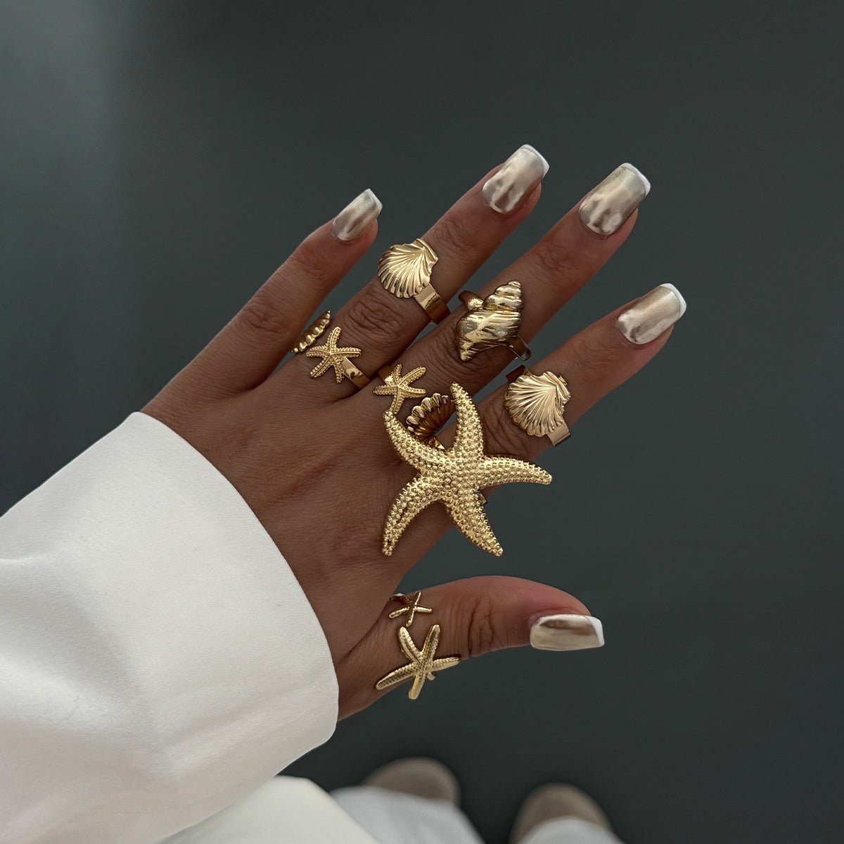 Bohemia 7pcs Chunky Starfish Conch Shell Ring Set - ArtGalleryZen