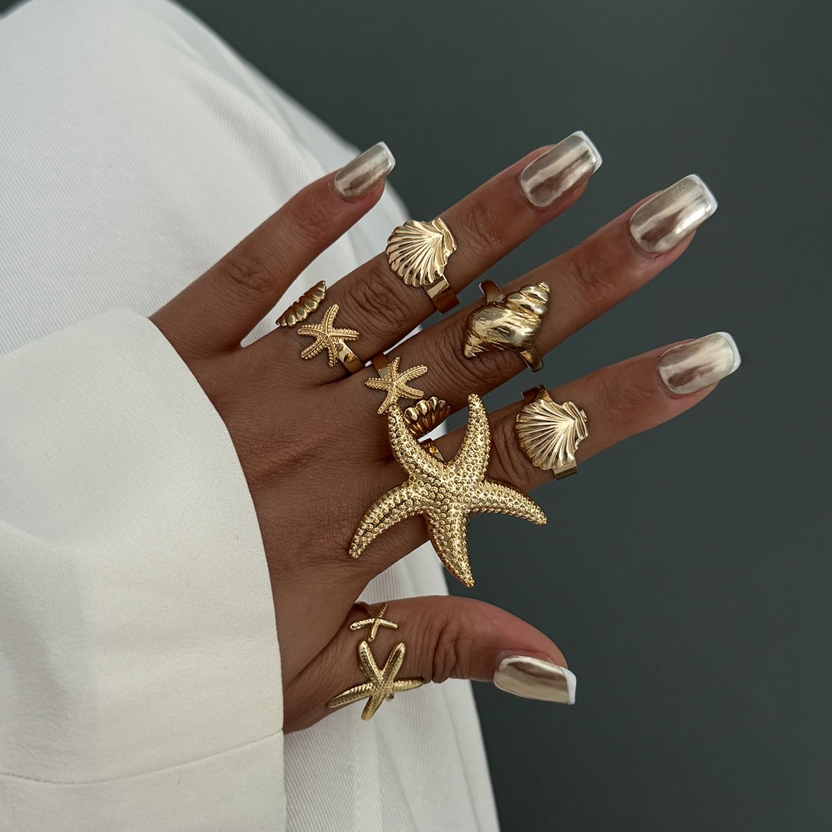 Bohemia 7pcs Chunky Starfish Conch Shell Ring Set - ArtGalleryZen