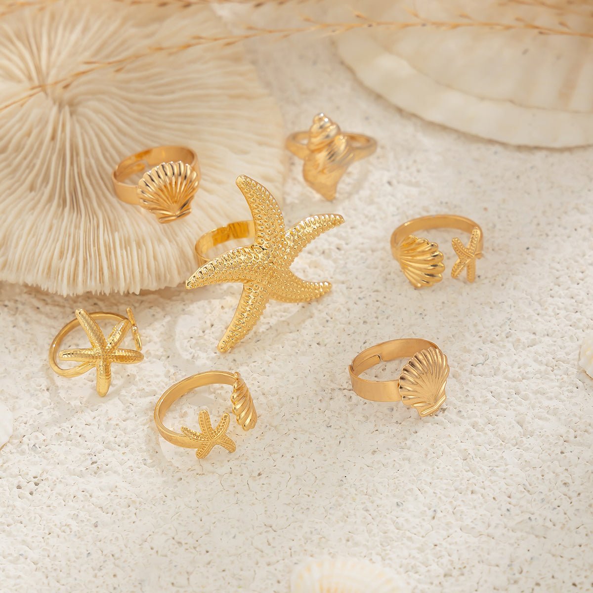 Bohemia 7pcs Chunky Starfish Conch Shell Ring Set - ArtGalleryZen