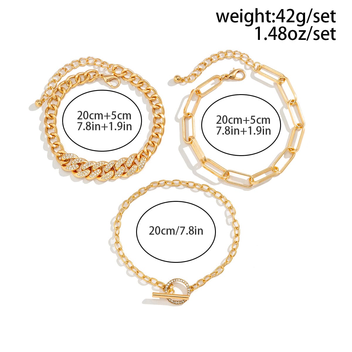 Bohemia CZ Inlaid Toggle Clasp Cable Curb Chain Stackable Anklet Set - ArtGalleryZen