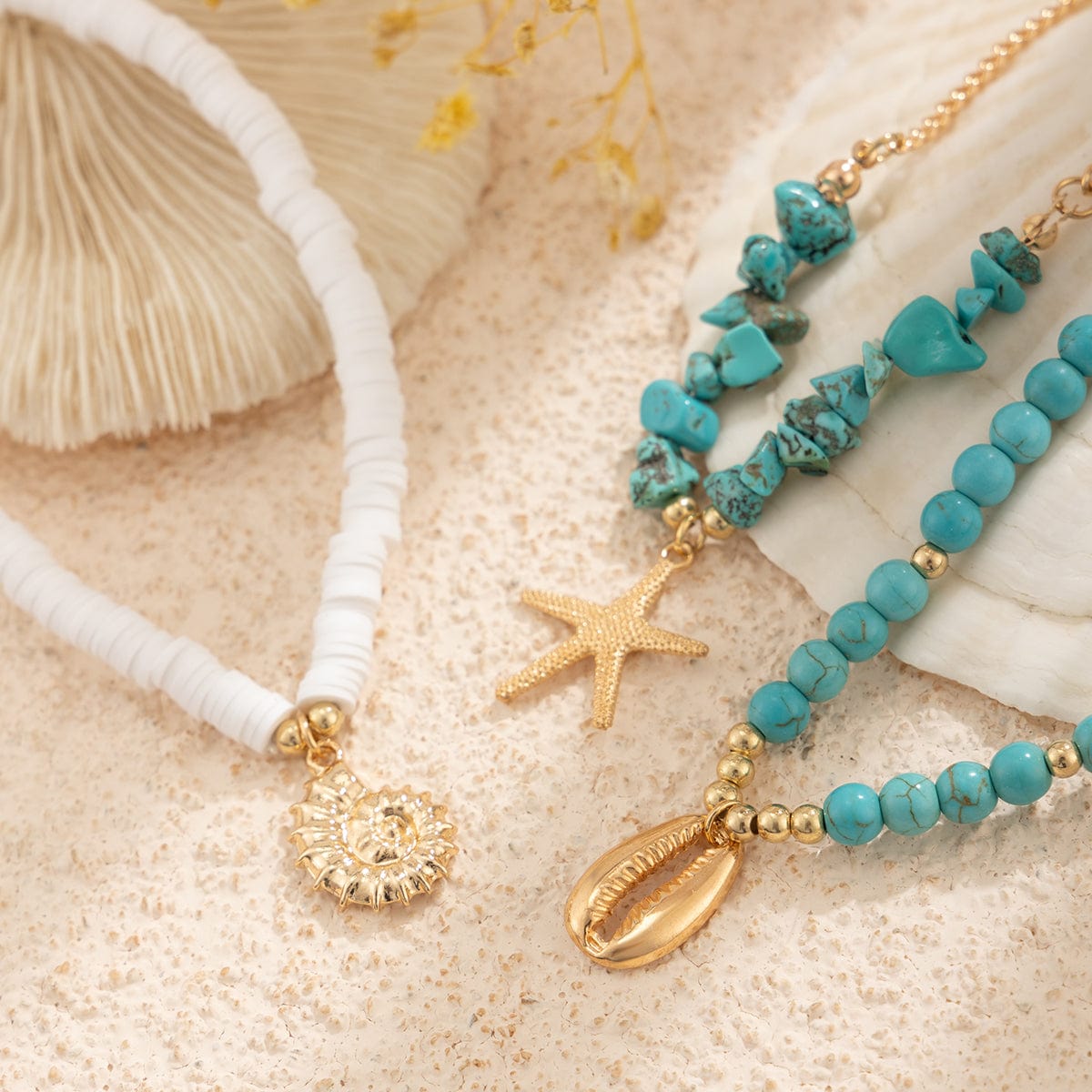 Bohemia Layered Conch Shell Starfish Charm Turquoise Anklet Set - ArtGalleryZen