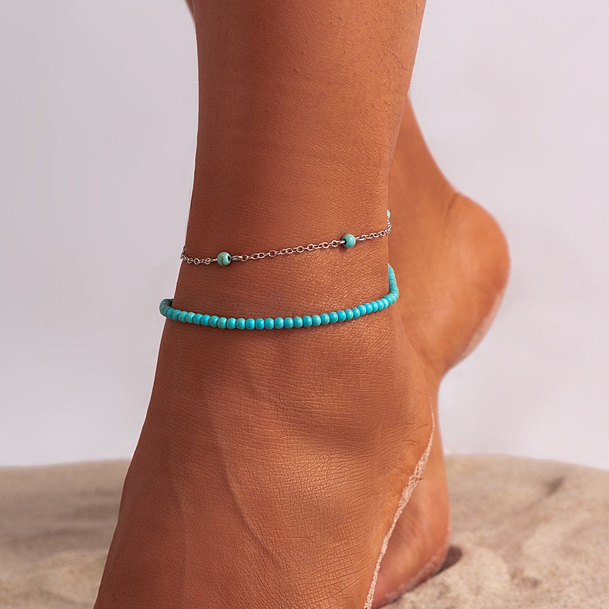 Bohemia Layered Seed Beaded Turquoise Anklet Set - ArtGalleryZen