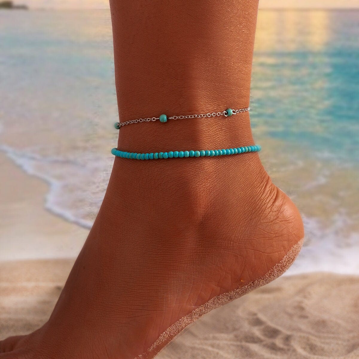 Bohemia Layered Seed Beaded Turquoise Anklet Set - ArtGalleryZen
